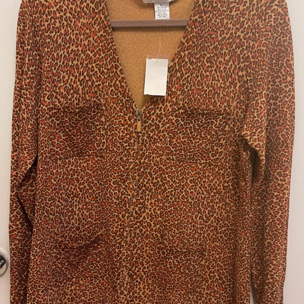 Bloomingdale's NWT Cardigan PL Pockets Zipper V‎ Neck Animal Print